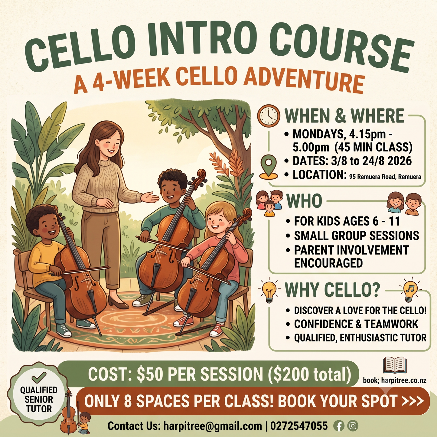 [Remuera/Mon 4.15pm] Kids Cello (Ages 5-11) Intro 4-week course