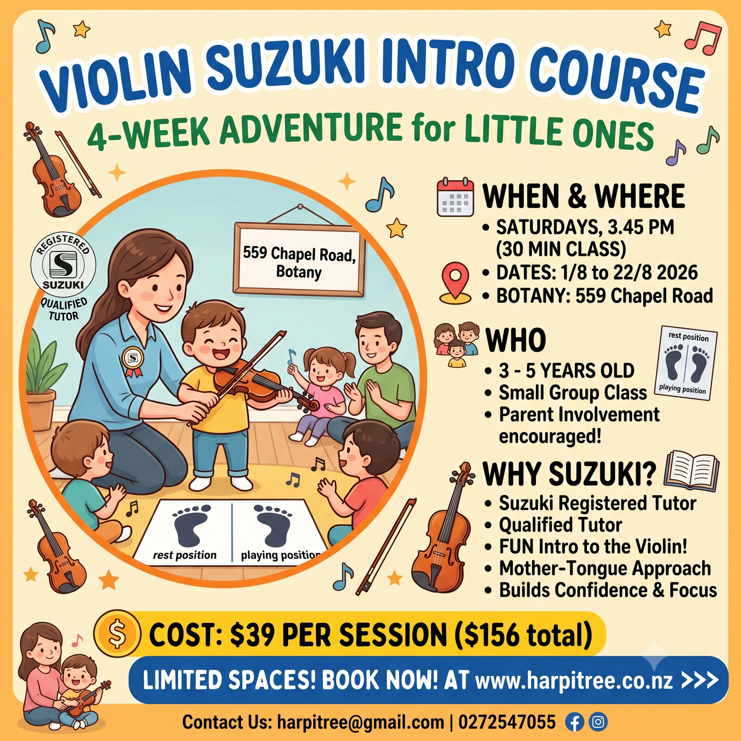 [Botany/Sat 3.45pm] Suzuki Violin Intro 4-week course for little ones (3-5 years old)