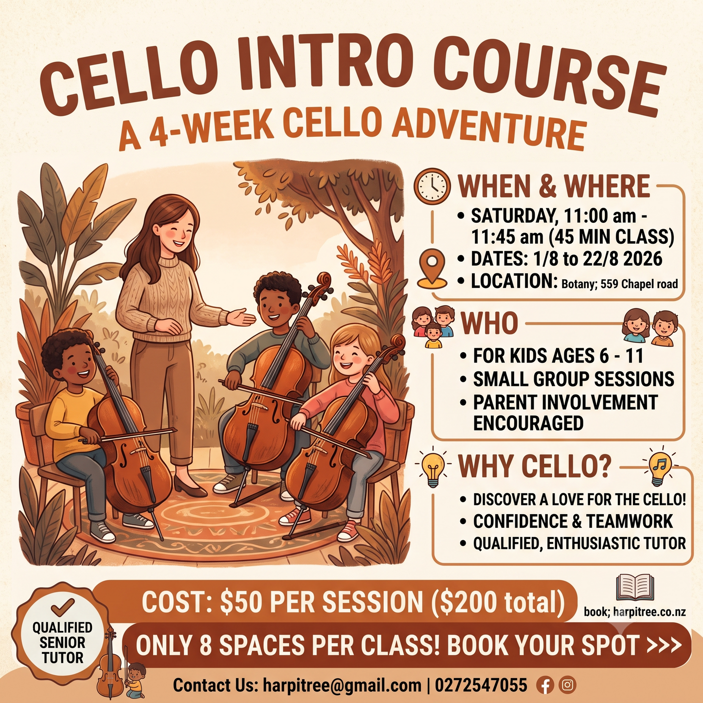 [Botany/Sat 11am] Kids Cello (Ages 5-11) Intro 4-week course