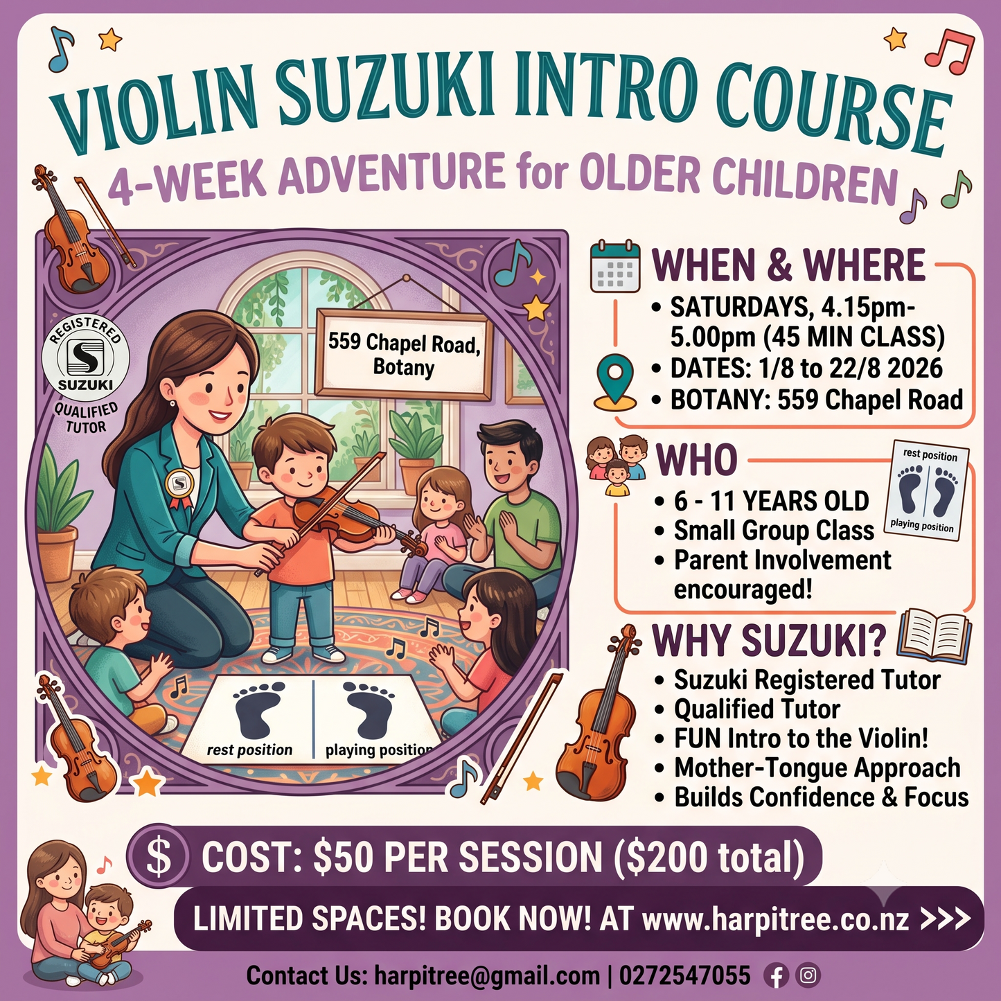 [Botany/Sat 4.15pm] Suzuki Violin Kids Intro 4-week course (6-11 years old)