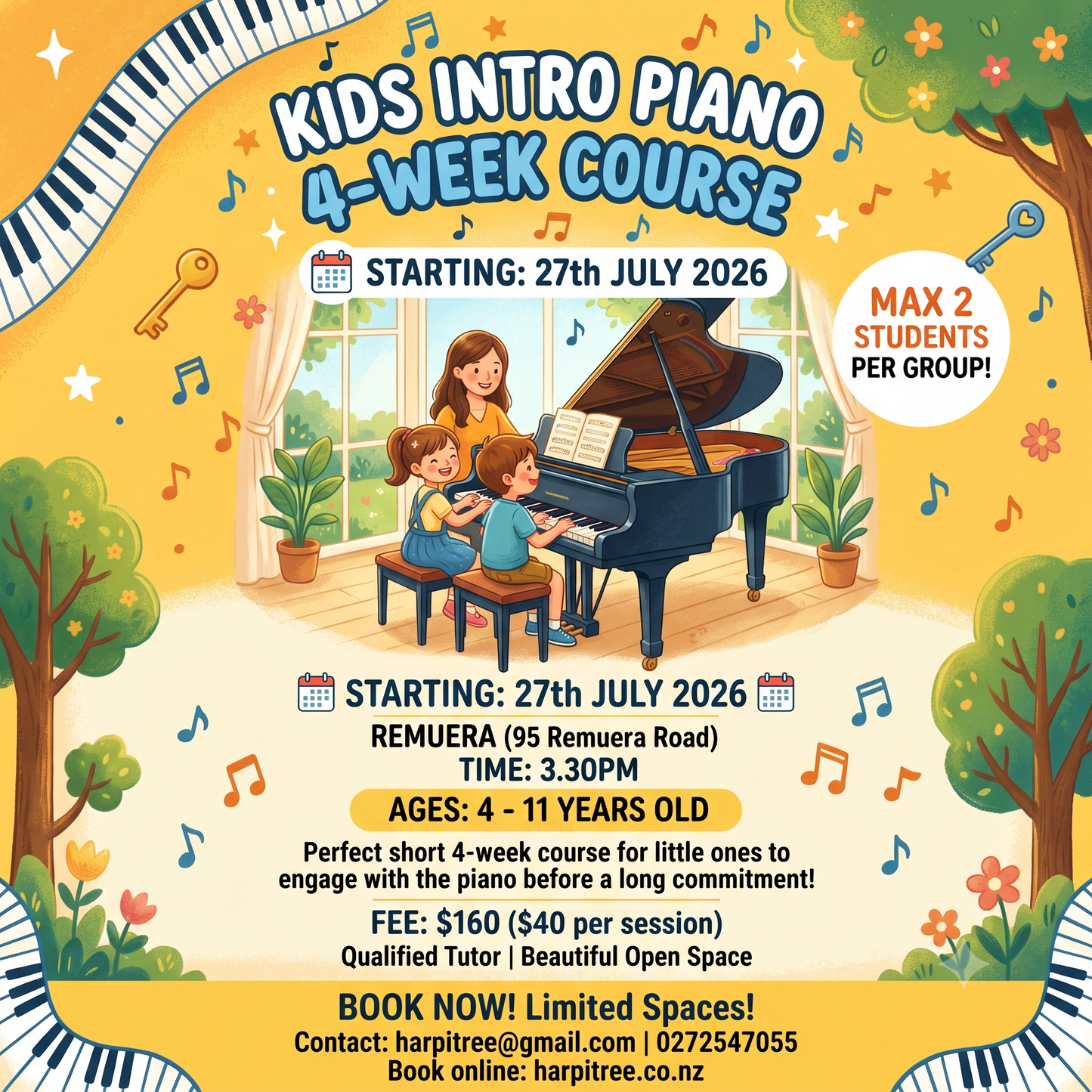 [Remuera/Mon 3.30pm] Kids Piano (Ages 5-11) Intro 4-week course